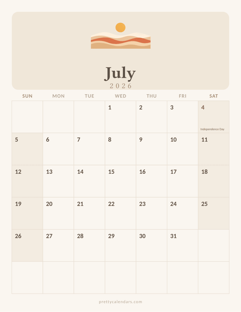 July 2026 printable calendar, Aesthetic style