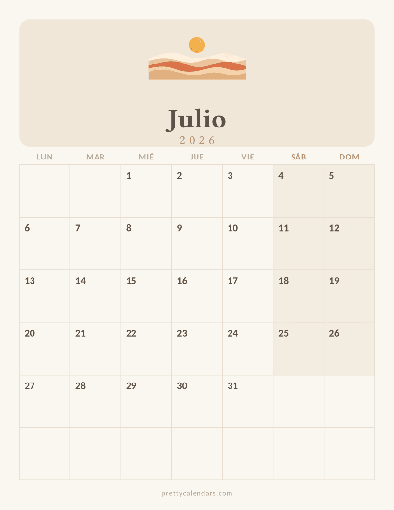 Calendario de Julio 2026 para imprimir, estilo Aesthetic