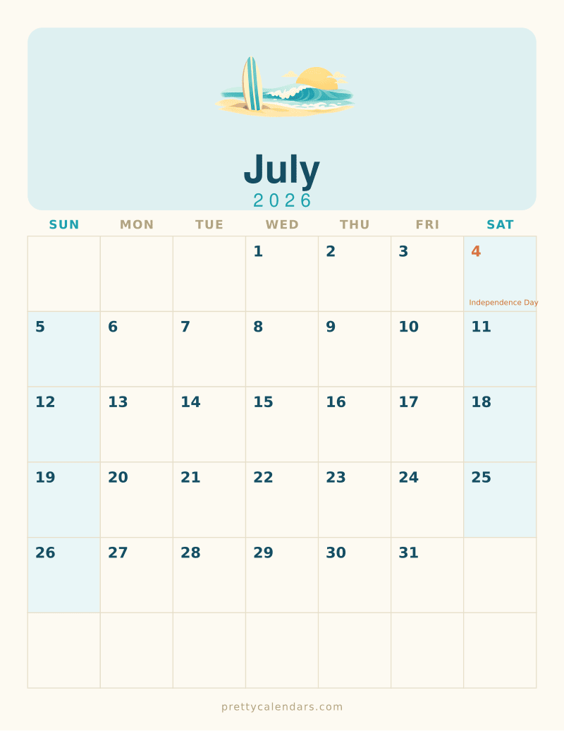 July 2026 printable calendar, Beach style