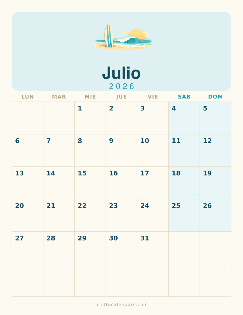 Calendario de Julio 2026 para imprimir, estilo Playa