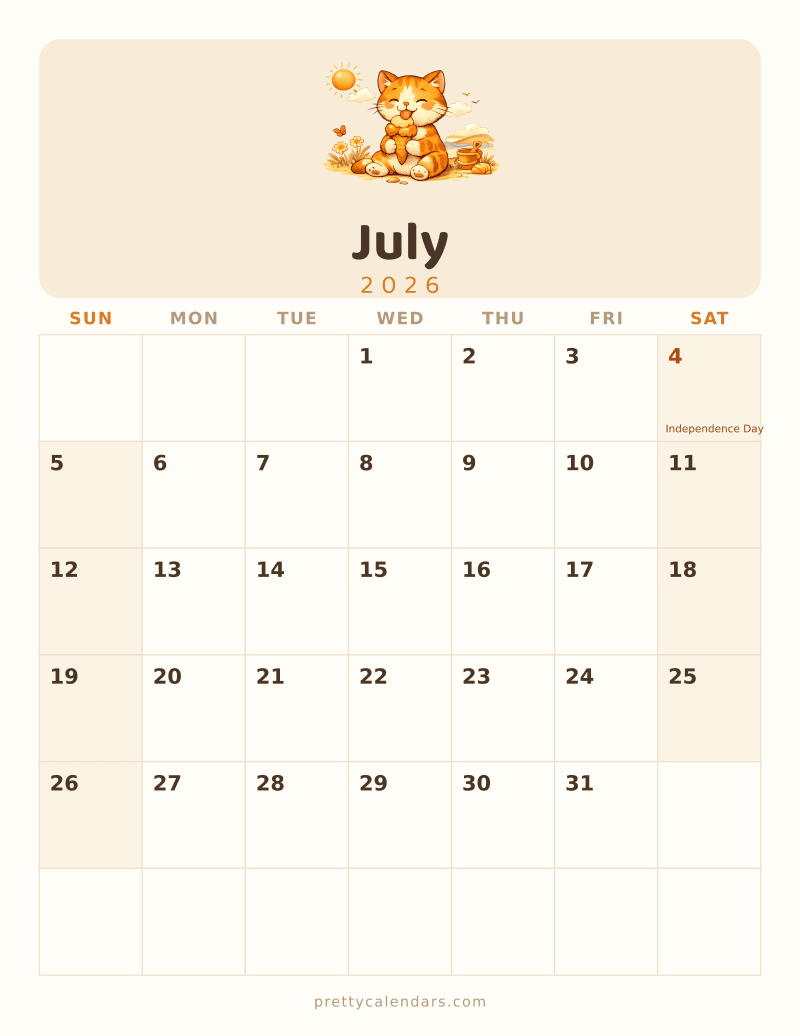 July 2026 printable calendar, Cat style