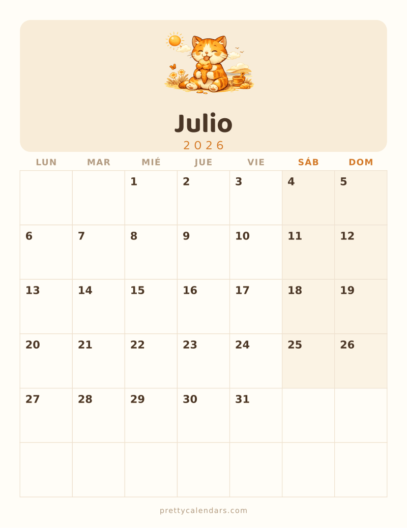 Calendario de Julio 2026 para imprimir, estilo Gatos