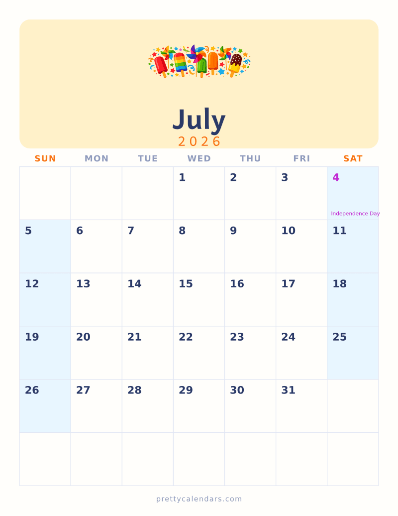 July 2026 printable calendar, Colorful style