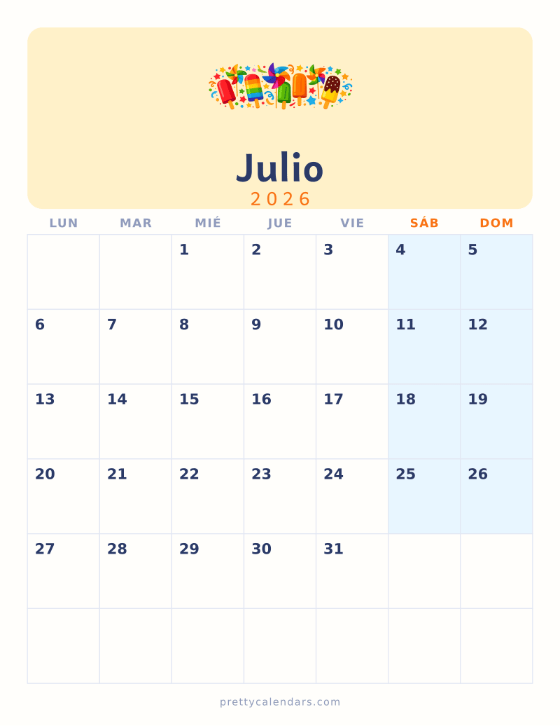 Calendario de Julio 2026 para imprimir, estilo Colorido