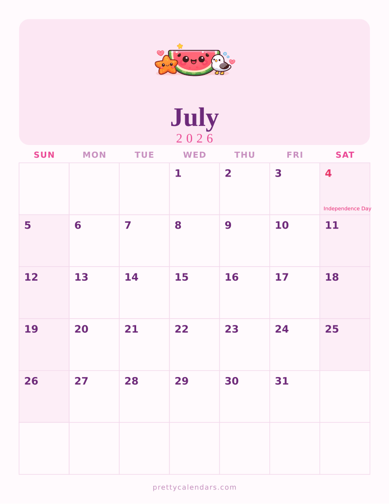 July 2026 printable calendar, Cute style