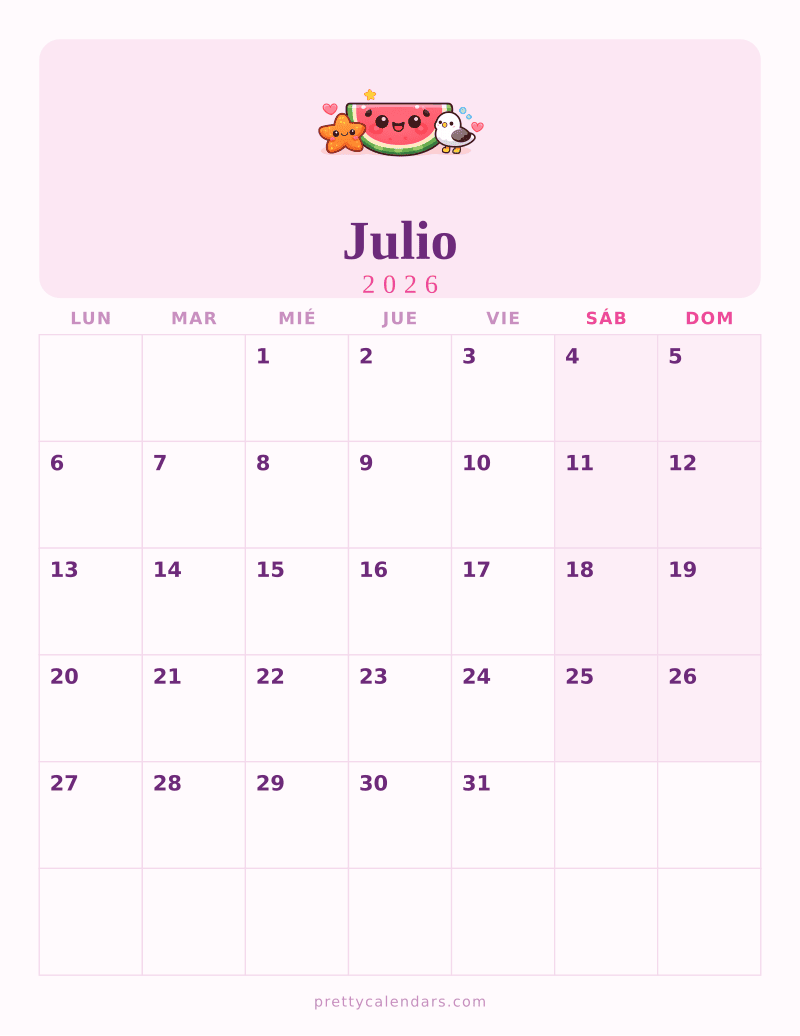 Calendario de Julio 2026 para imprimir, estilo Bonito