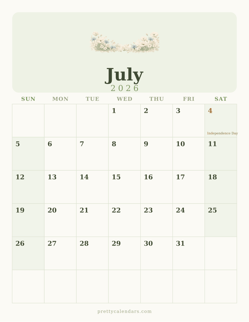 July 2026 printable calendar, Floral style