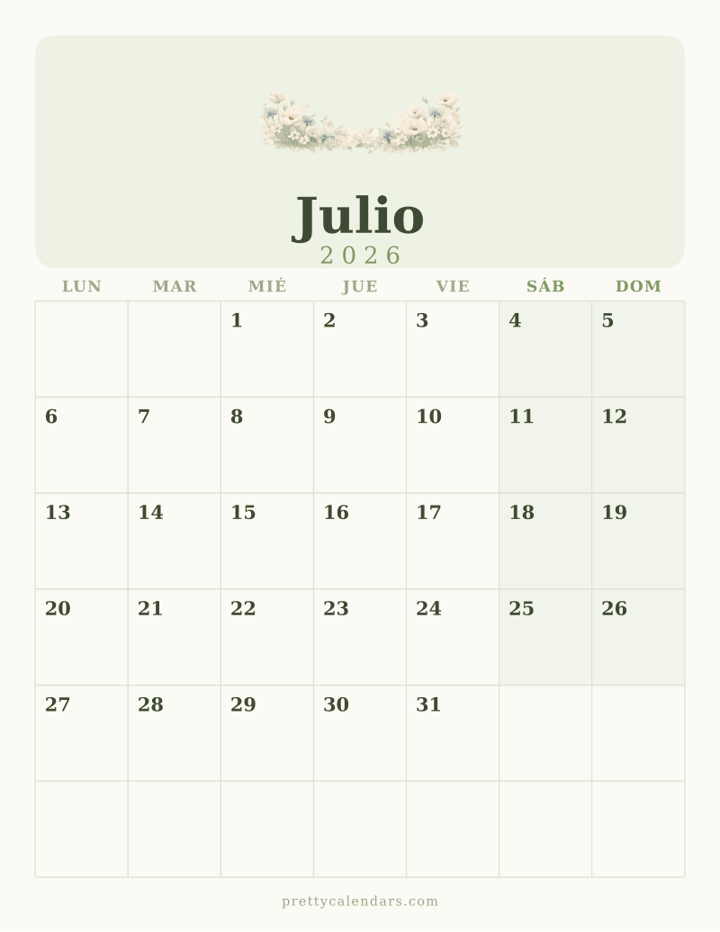 Calendario de Julio 2026 para imprimir, estilo Floral