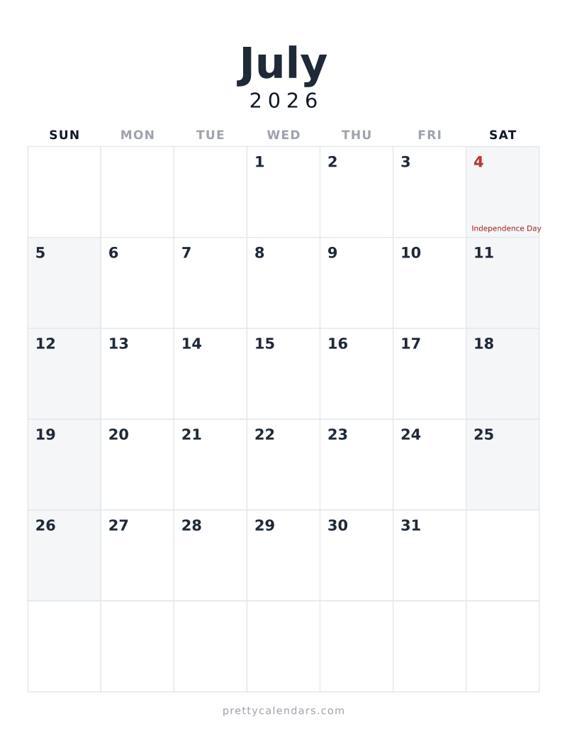 July 2026 printable calendar, Minimalist style