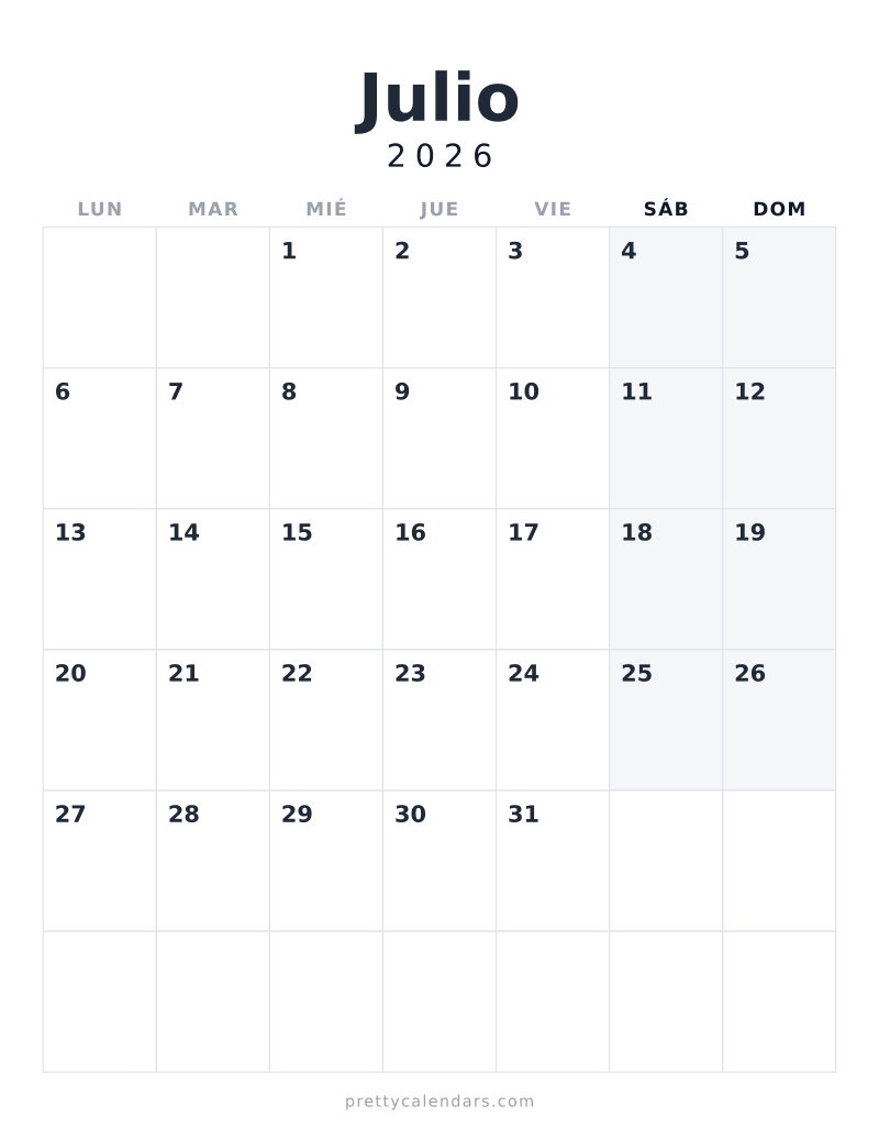 Calendario de Julio 2026 para imprimir, estilo Minimalista