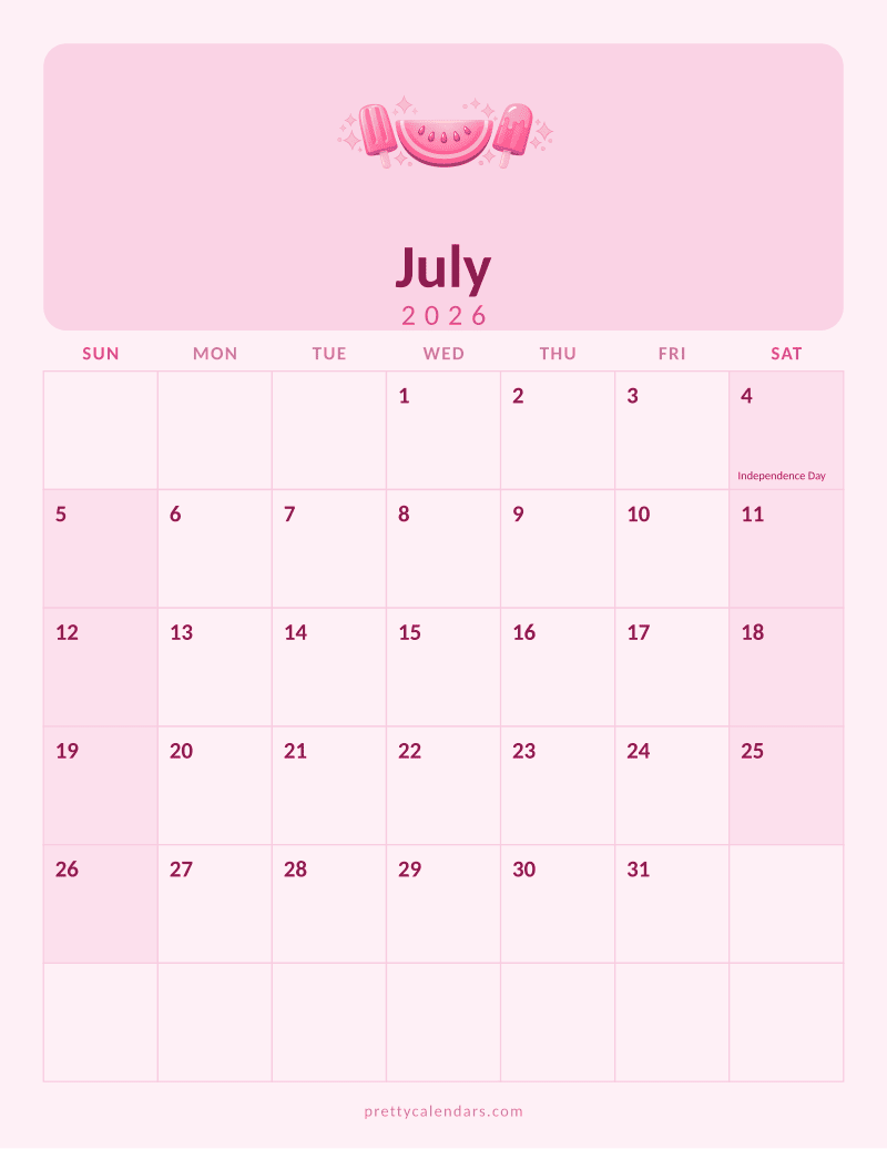 July 2026 printable calendar, Pink style