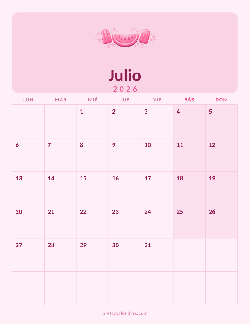 Calendario de Julio 2026 para imprimir, estilo Rosa