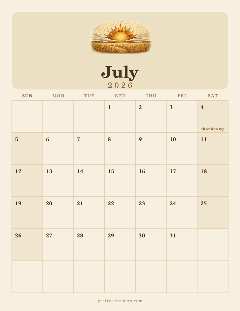 July 2026 printable calendar, Vintage style