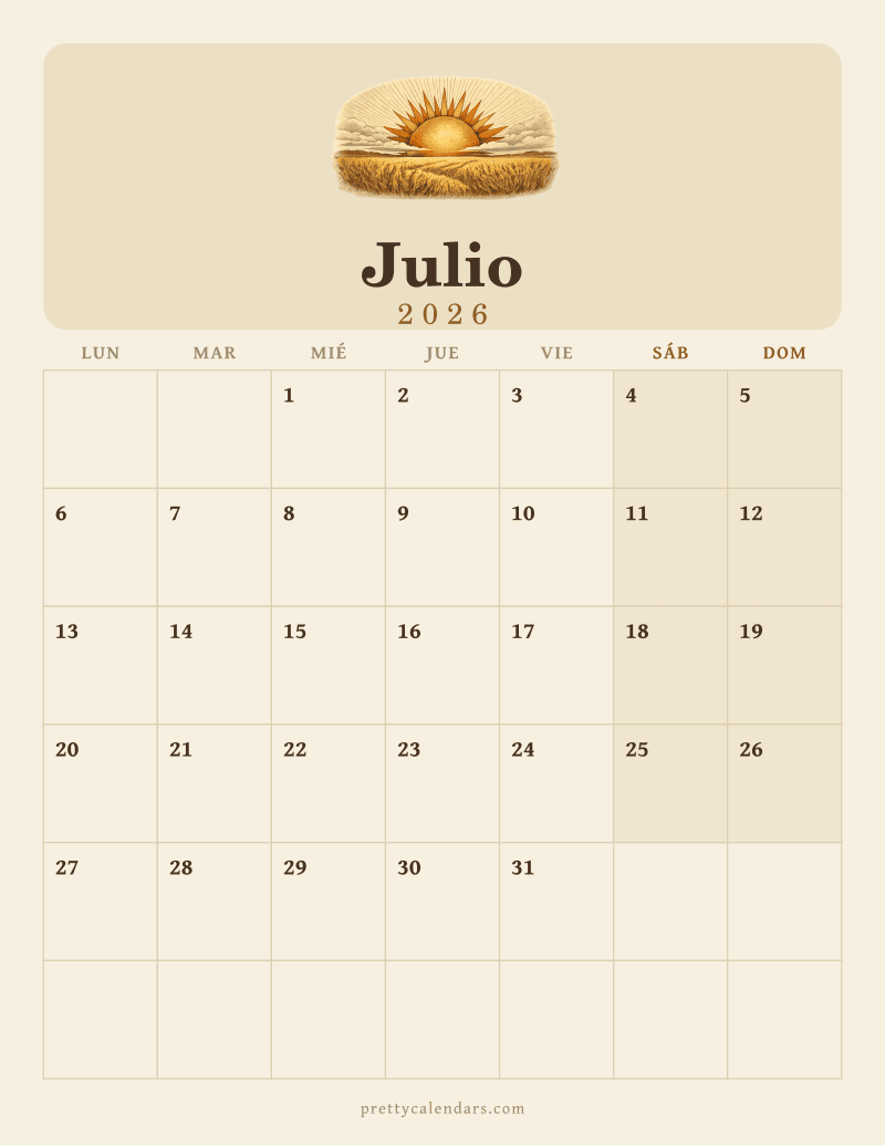 Calendario de Julio 2026 para imprimir, estilo Vintage
