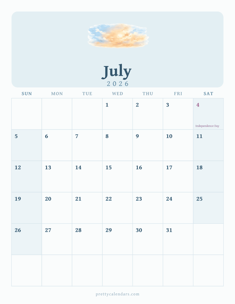 July 2026 printable calendar, Watercolor style
