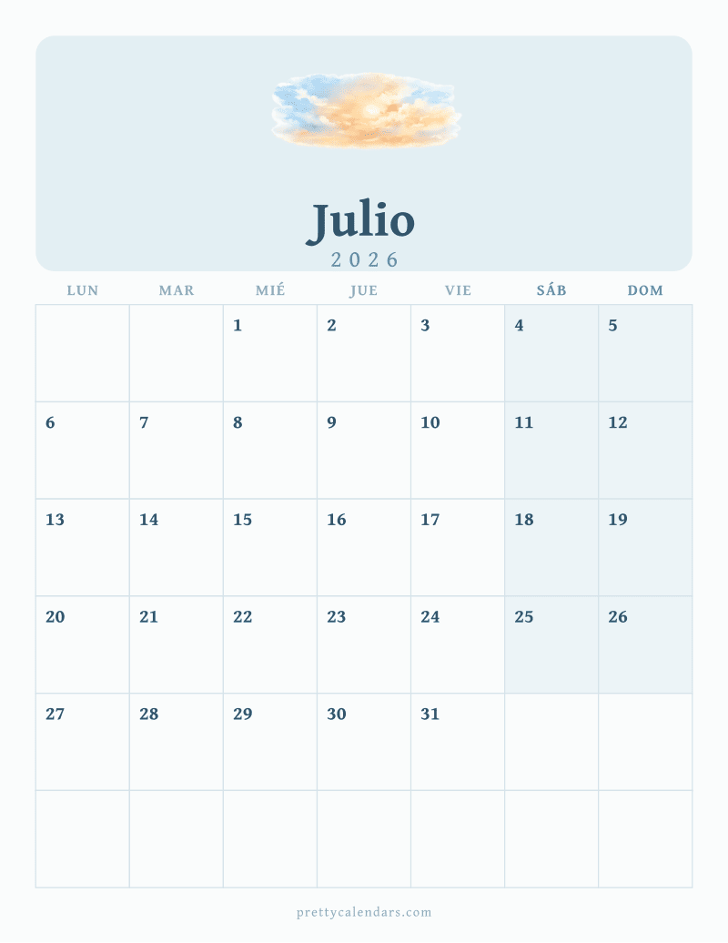 Calendario de Julio 2026 para imprimir, estilo Acuarela