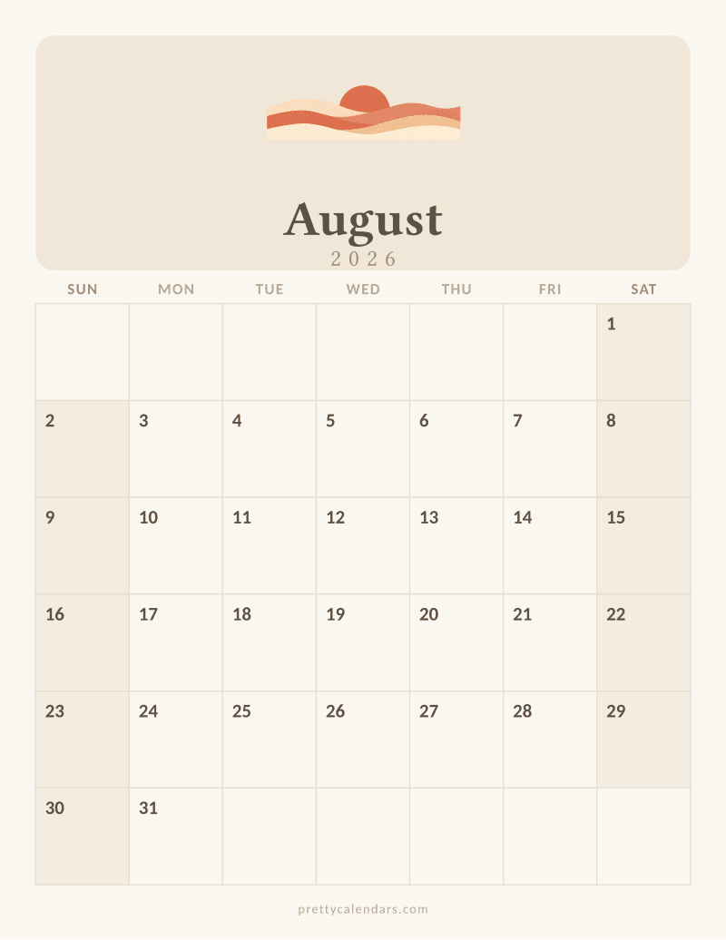 August 2026 printable calendar, Aesthetic style