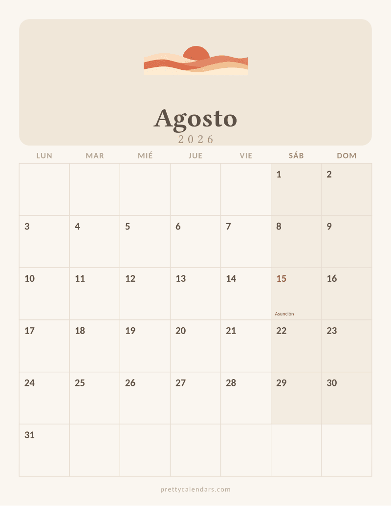 Calendario de Agosto 2026 para imprimir, estilo Aesthetic