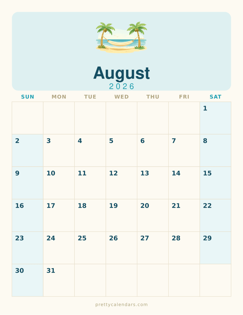 August 2026 printable calendar, Beach style