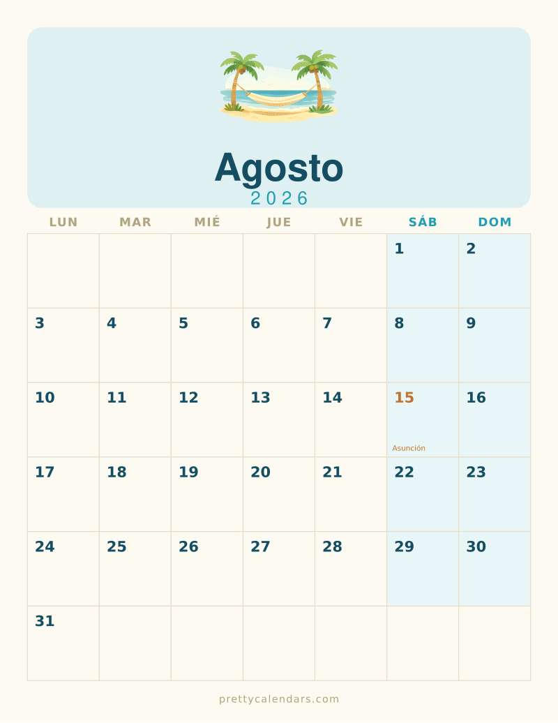 Calendario de Agosto 2026 para imprimir, estilo Playa