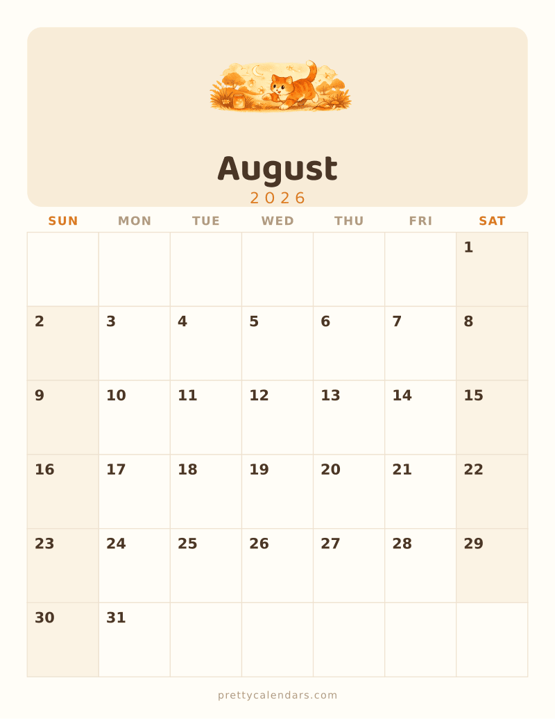 August 2026 printable calendar, Cat style