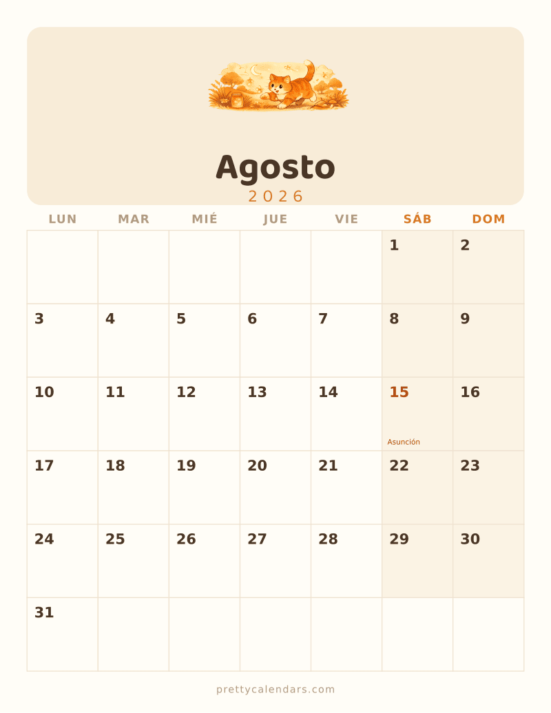 Calendario de Agosto 2026 para imprimir, estilo Gatos