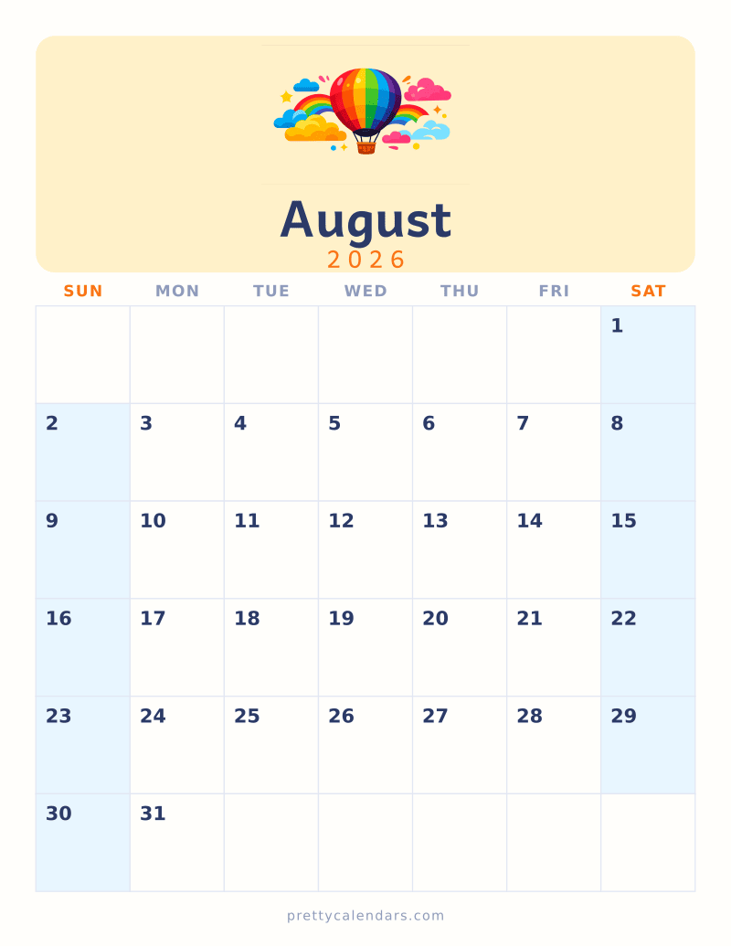 August 2026 printable calendar, Colorful style