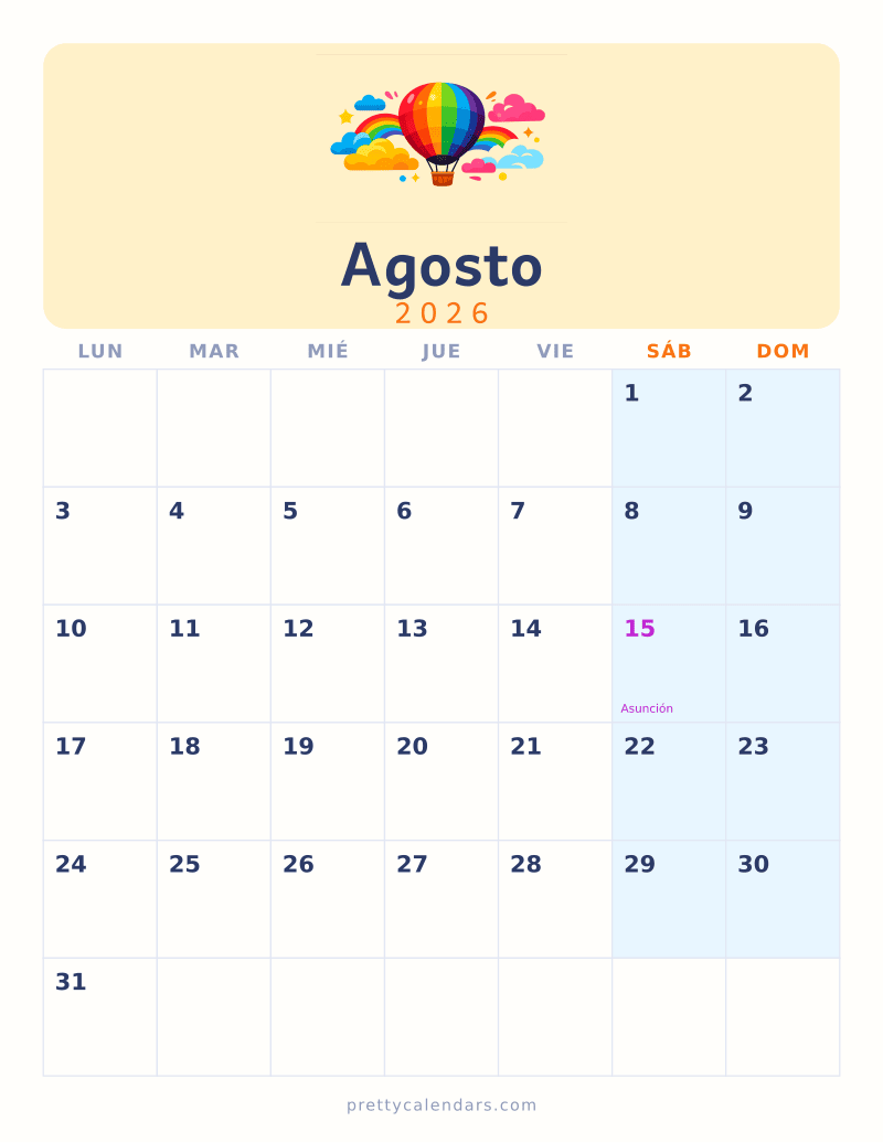 Calendario de Agosto 2026 para imprimir, estilo Colorido