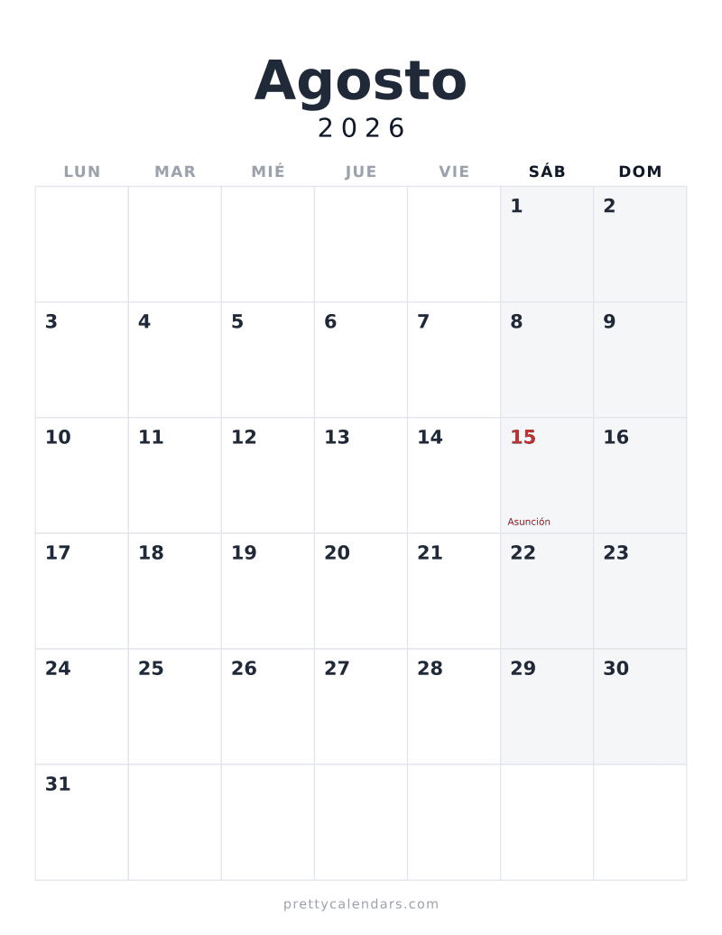 Calendario de Agosto 2026
