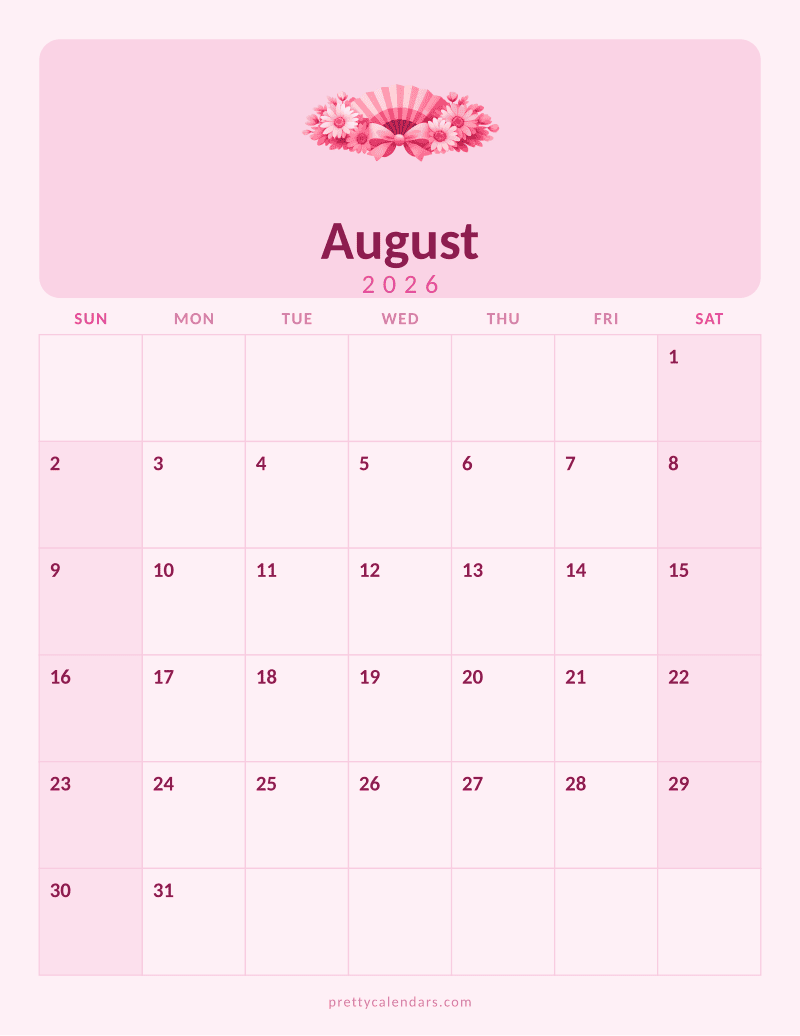 August 2026 printable calendar, Pink style