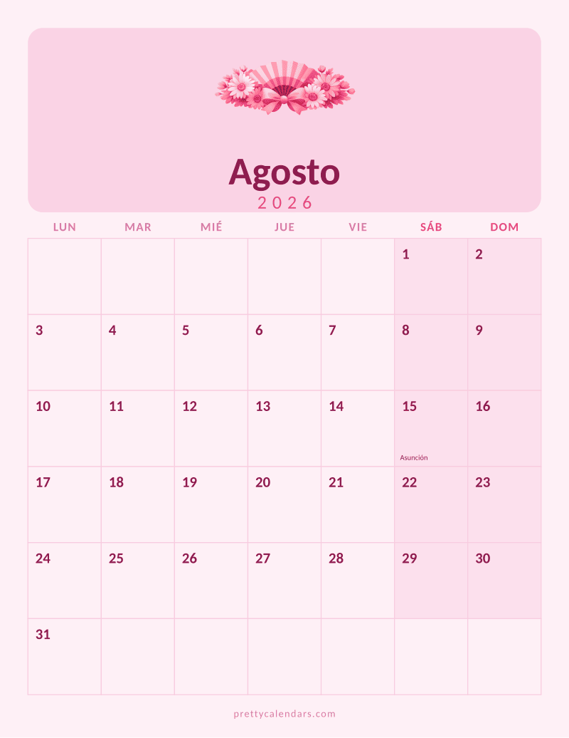 Calendario de Agosto 2026 para imprimir, estilo Rosa
