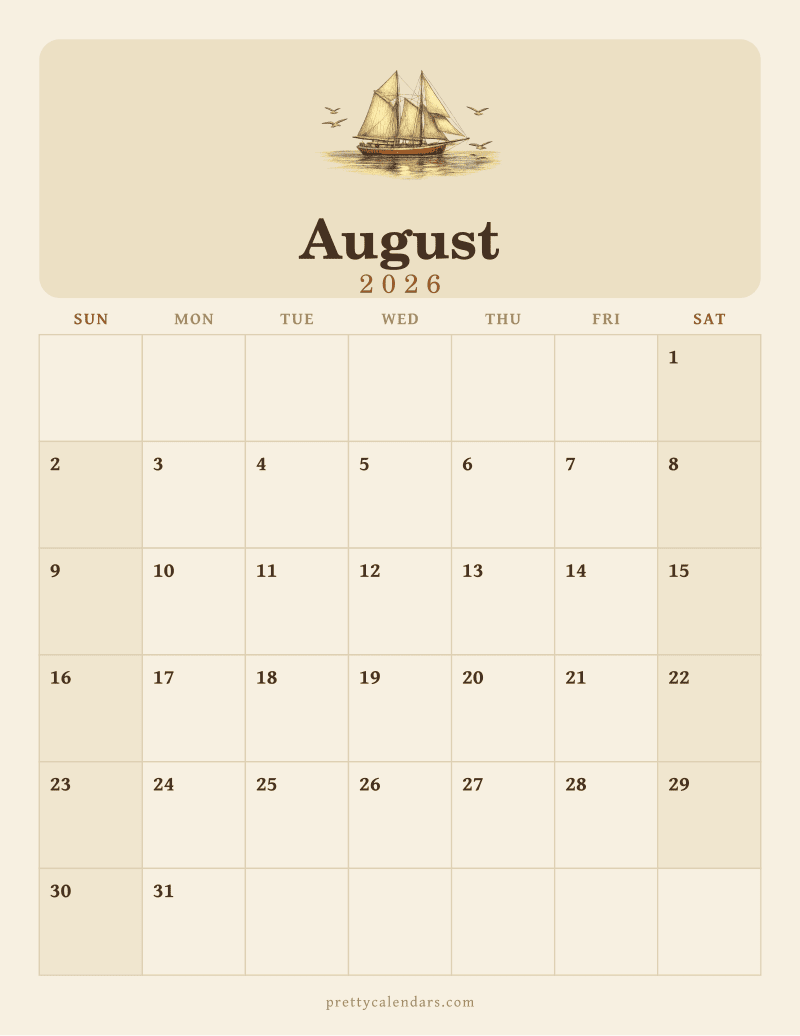 August 2026 printable calendar, Vintage style