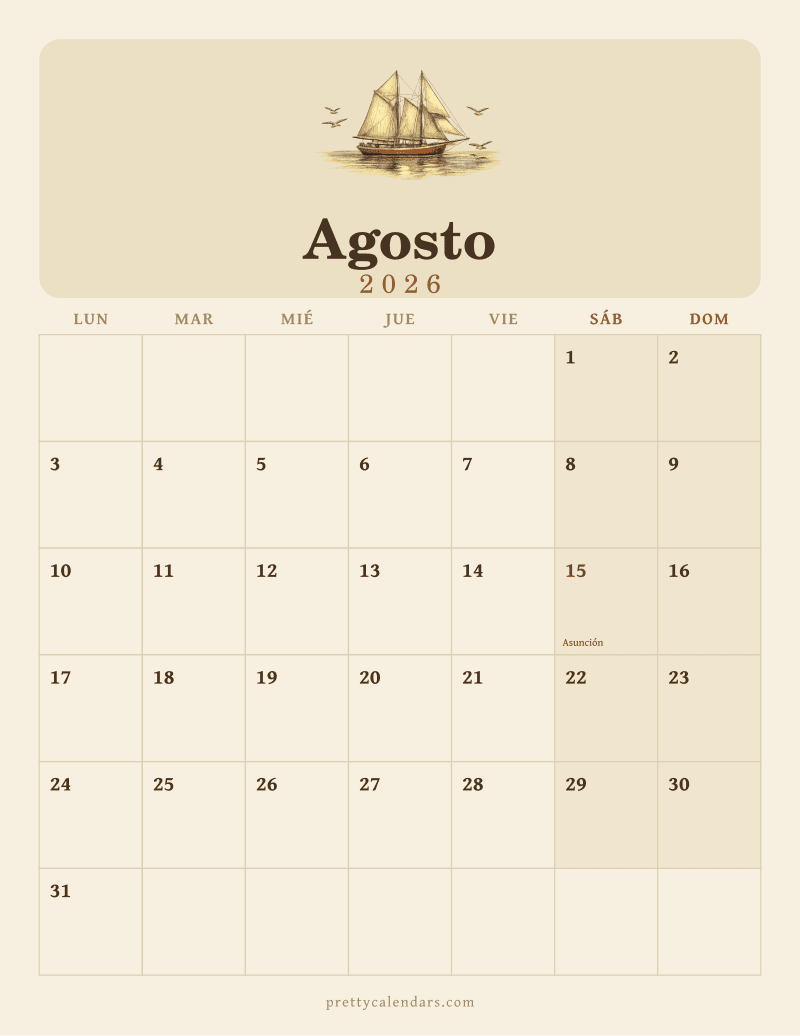 Calendario de Agosto 2026 para imprimir, estilo Vintage
