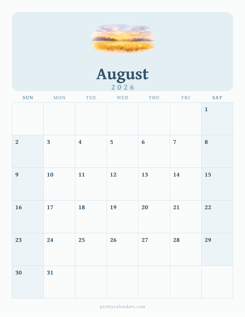 August 2026 printable calendar, Watercolor style