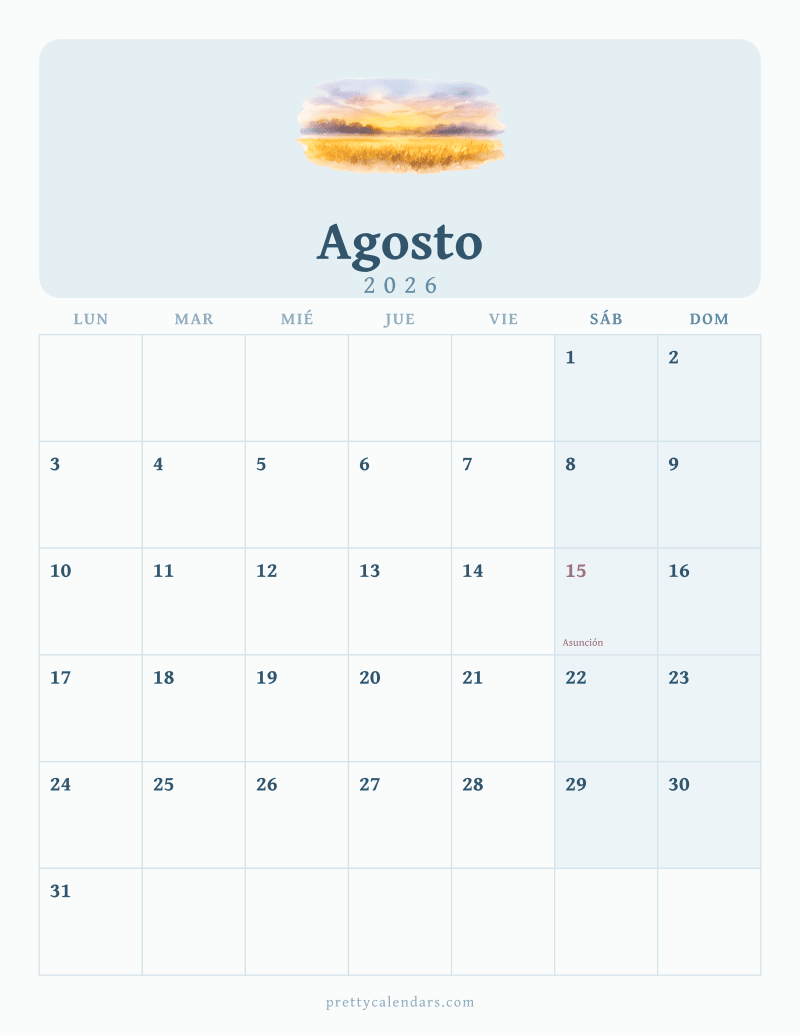 Calendario de Agosto 2026 para imprimir, estilo Acuarela