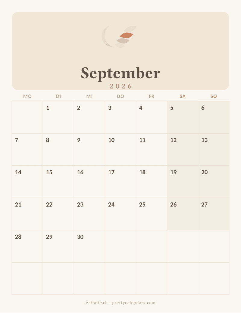 Druckbarer Kalender September 2026, Design Ästhetisch