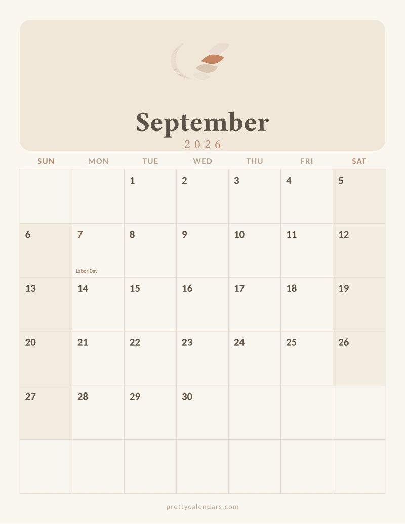 September 2026 printable calendar, Aesthetic style