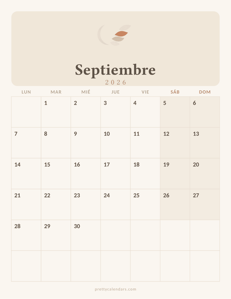 Calendario de Septiembre 2026 para imprimir, estilo Aesthetic