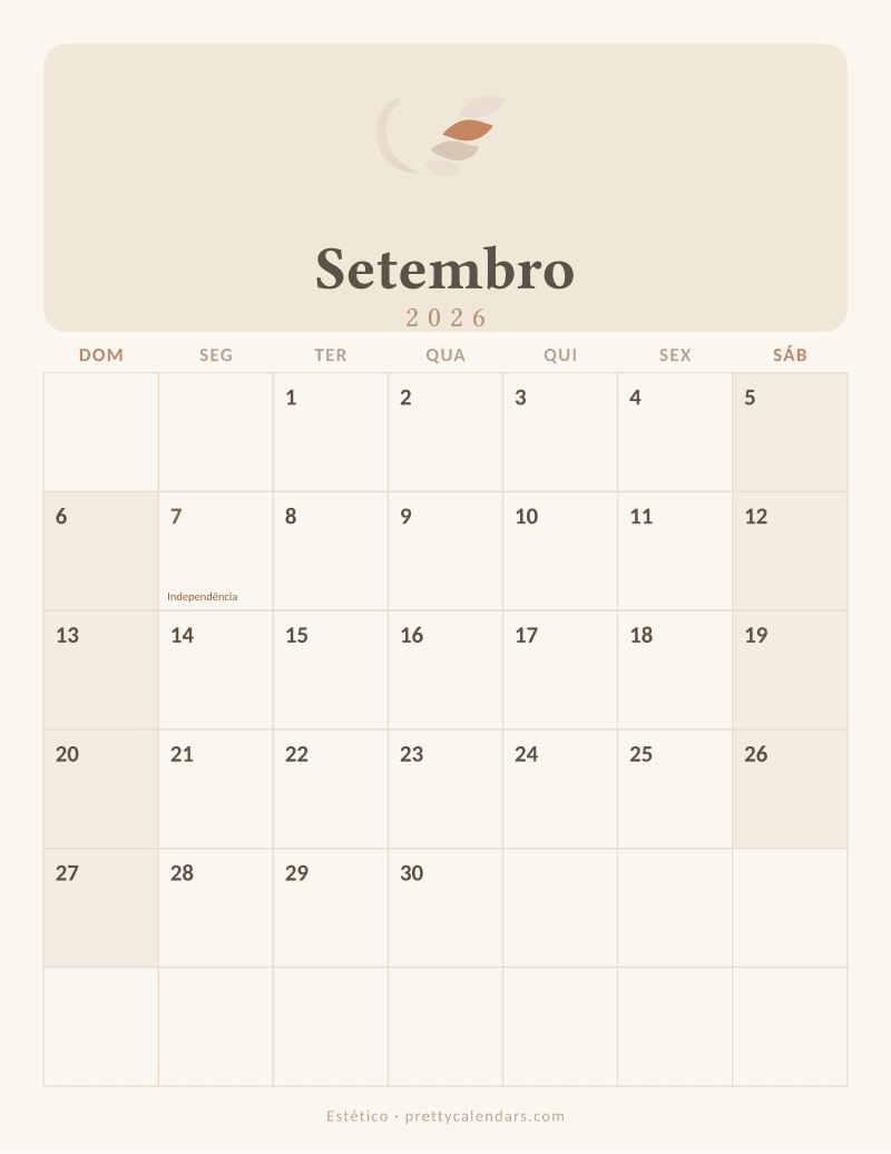 Calendário de Setembro de 2026 para imprimir, estilo Estético