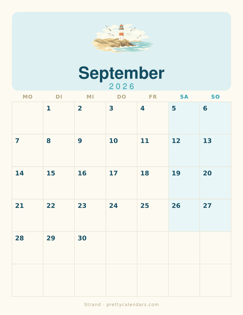 Druckbarer Kalender September 2026, Design Strand