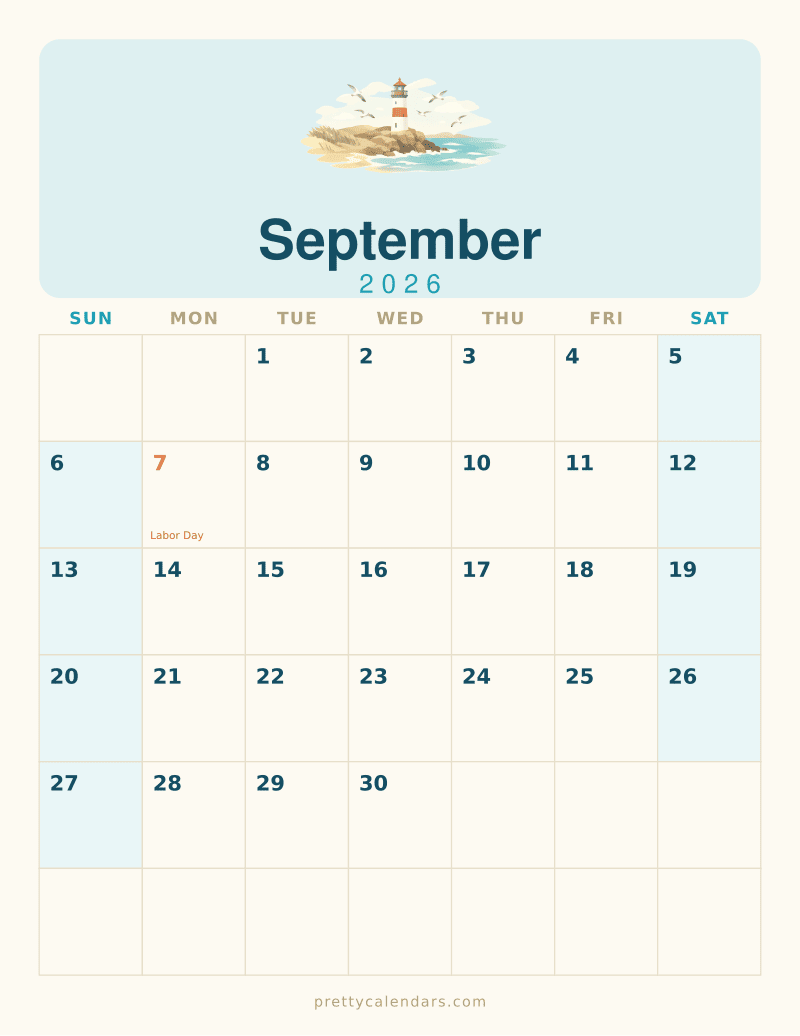 September 2026 printable calendar, Beach style