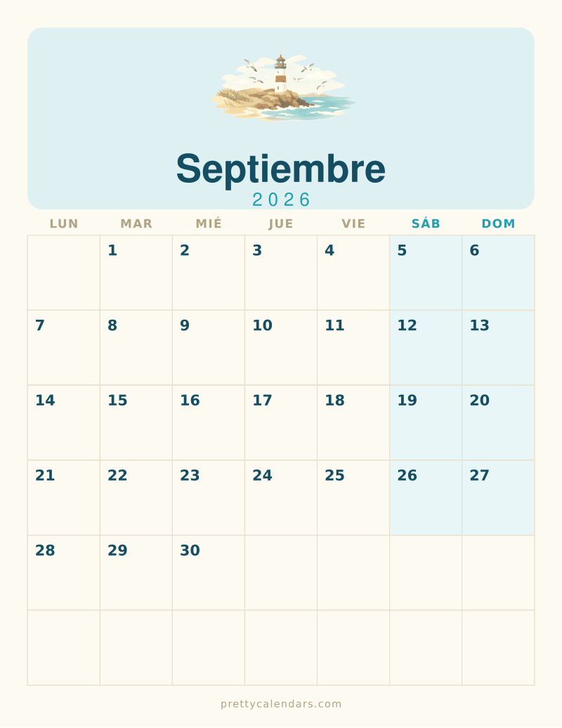 Calendario de Septiembre 2026 para imprimir, estilo Playa