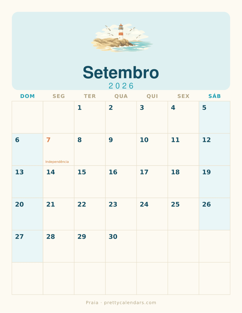 Calendário de Setembro de 2026 para imprimir, estilo Praia