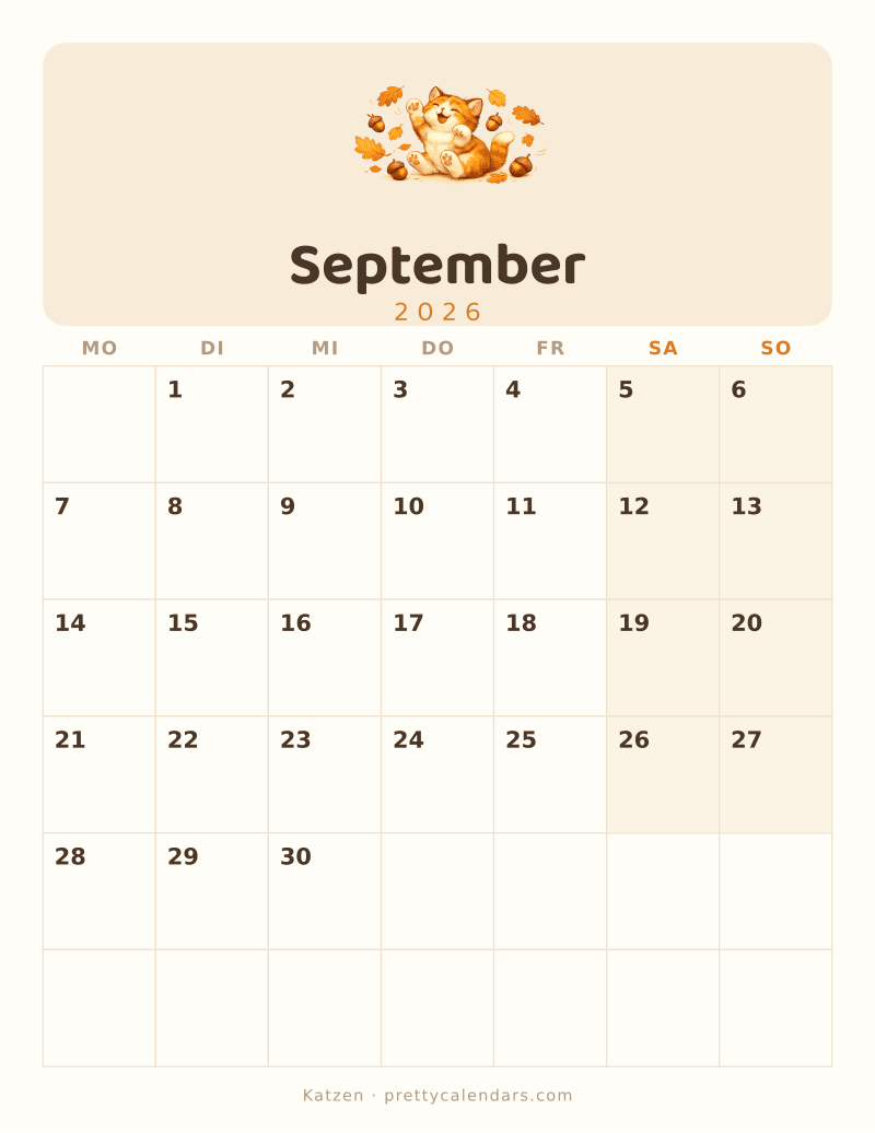 Druckbarer Kalender September 2026, Design Katzen