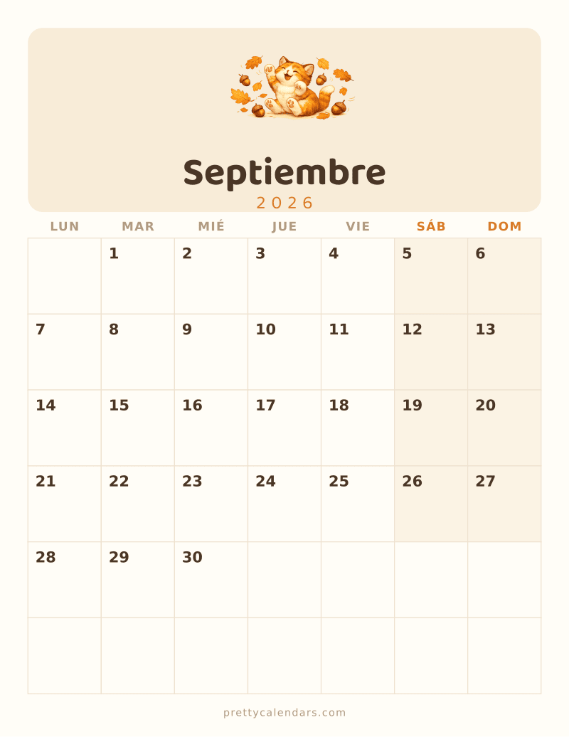 Calendario de Septiembre 2026 para imprimir, estilo Gatos
