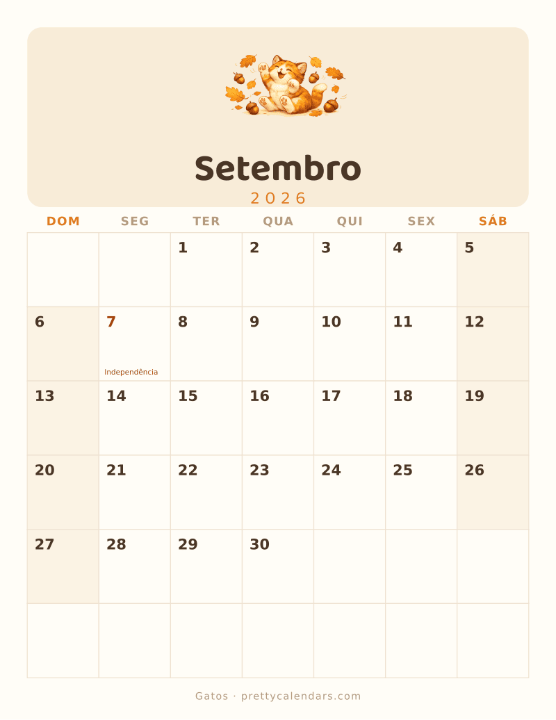 Calendário de Setembro de 2026 para imprimir, estilo Gatos