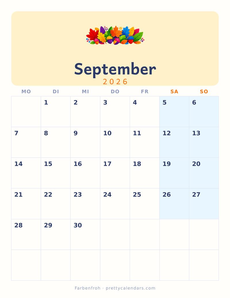 Druckbarer Kalender September 2026, Design Farbenfroh