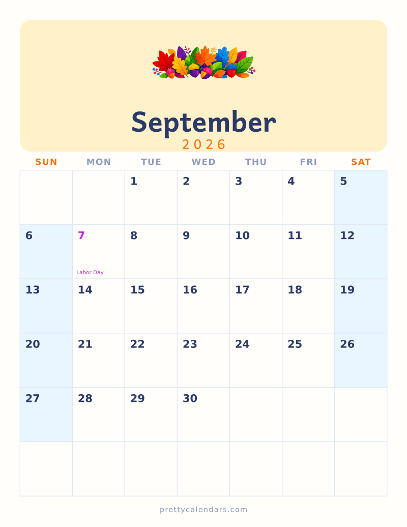 September 2026 printable calendar, Colorful style