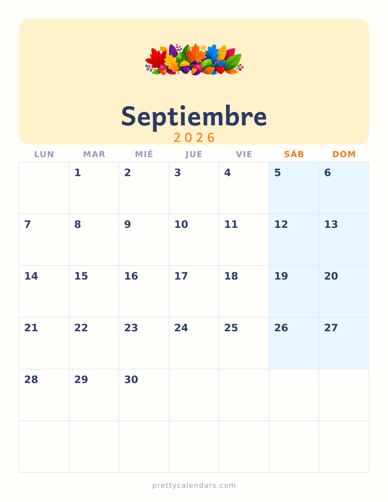 Calendario de Septiembre 2026 para imprimir, estilo Colorido