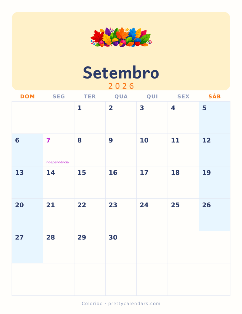 Calendário de Setembro de 2026 para imprimir, estilo Colorido